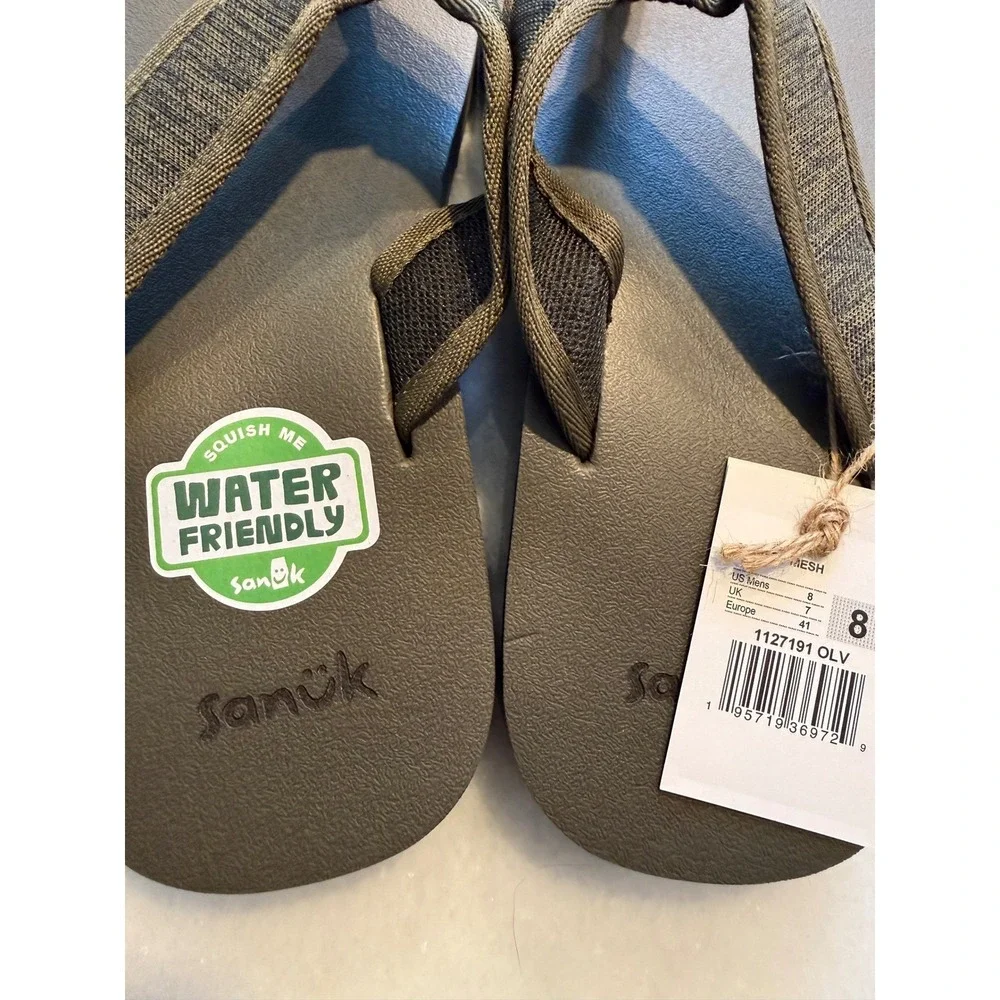 Sanuk Ziggy Mesh Flip Flops Men 8 Olive Green Water Friendly Foam 1127191